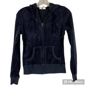SO Black Velvet Velour Zip Up Track Suit Hoodie Pockets Small Y2K
